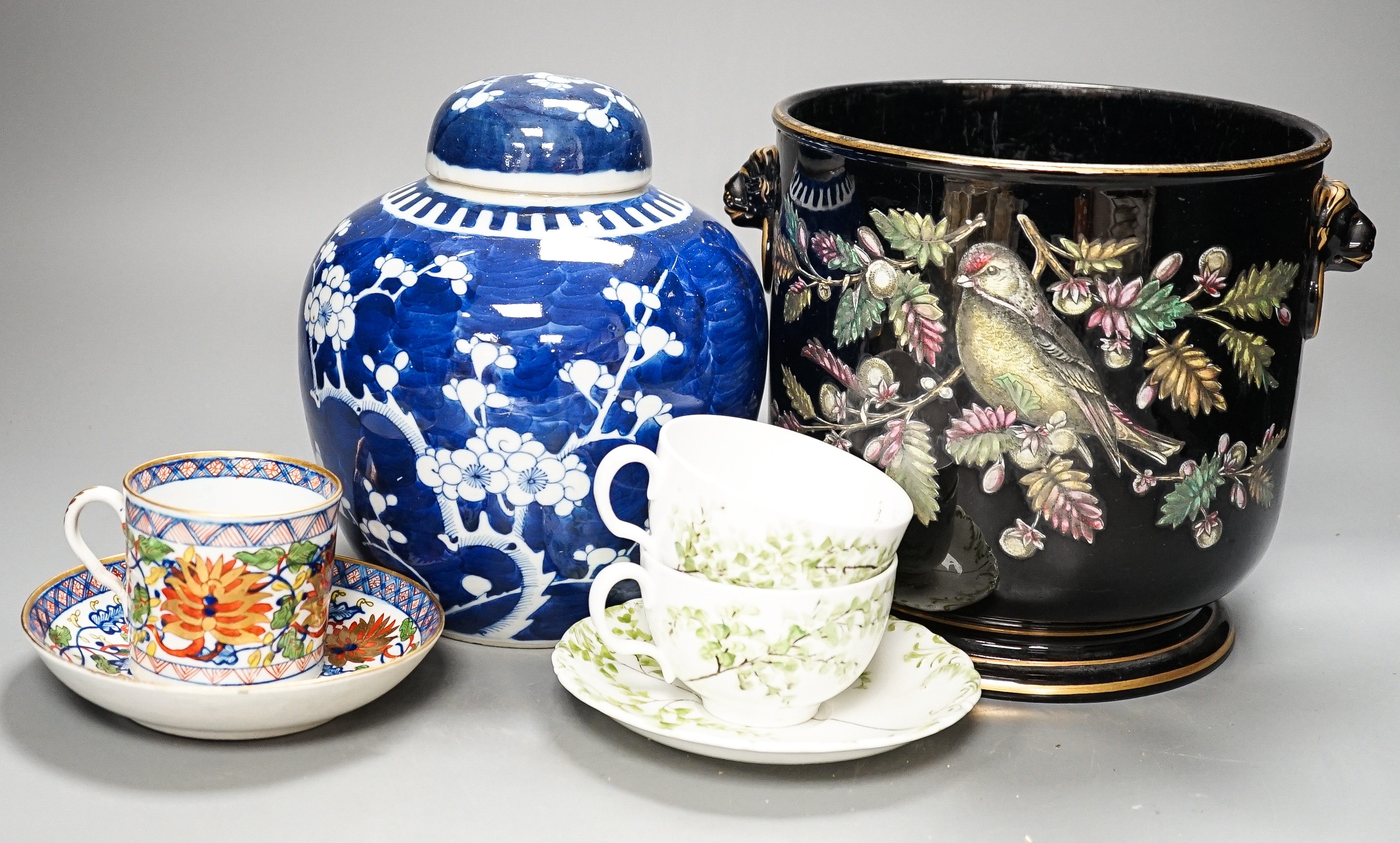 A 19th century enamel pottery jardiniere, Chinese jar and cover, a Copelands hand painted tea set, 2 blue and white meat platters, a Imari style cup and saucer etc. Jardiniere 19 cms, high.